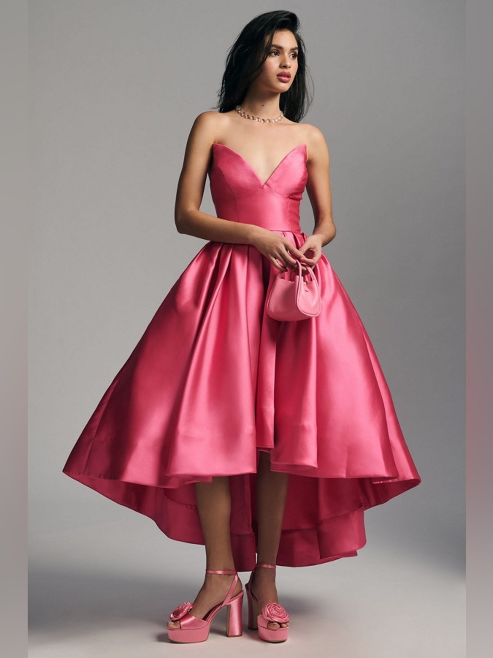 NWT Hutch Anthropologie Sabrina Strapless High-Low Pleated Pink Satin Gown 16P